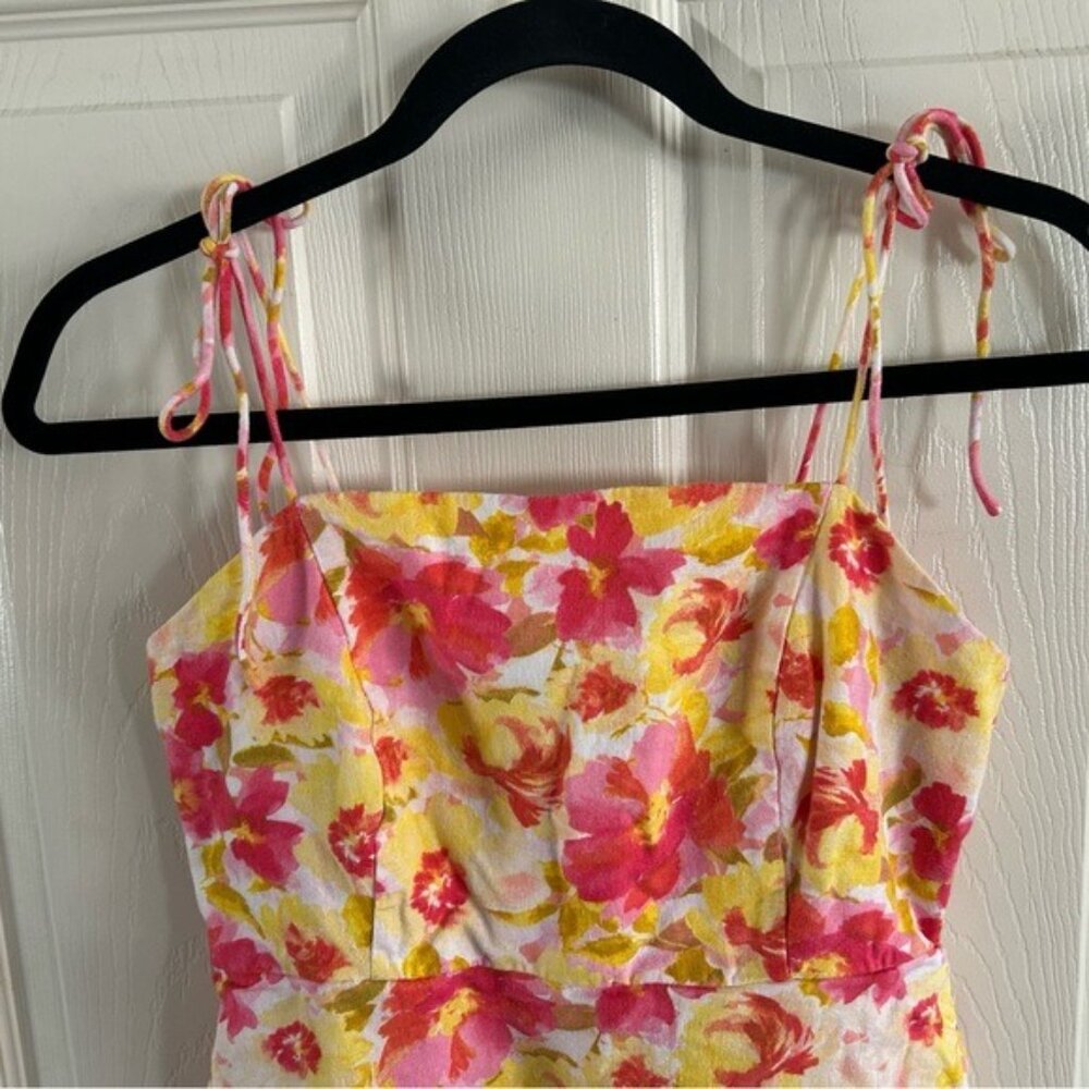 Old Navy Sz Small Yellow Pink Floral Mini Dress Tie Straps Linen Blend Pockets - Picture 2 of 15